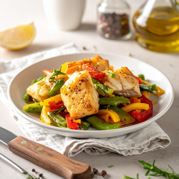 Dés de lotte poêlés et lanières de légumes