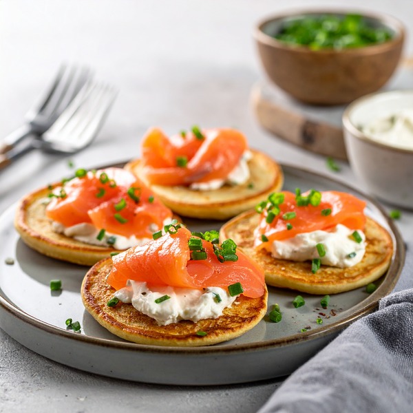 Blinis au saumon fumé, crème fraîche et ciboulette