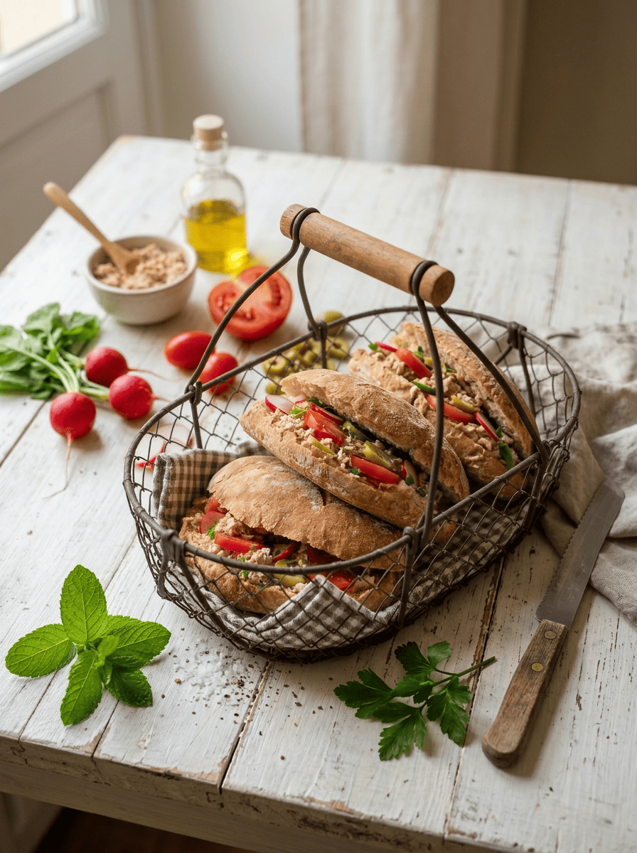 Sandwich garni de rillettes de thon et de légumes façon pan bagnat