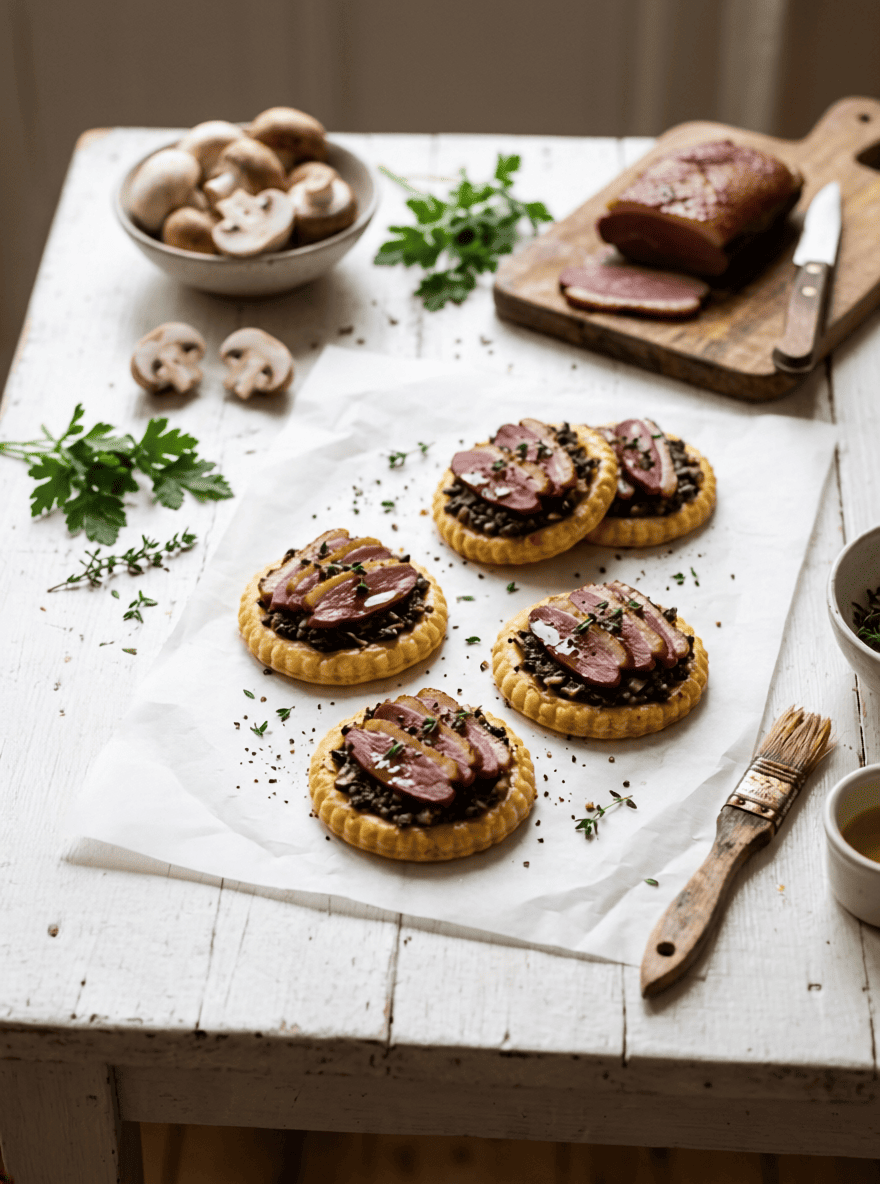 Canapés feuilletés aux champignons et au magret fumé