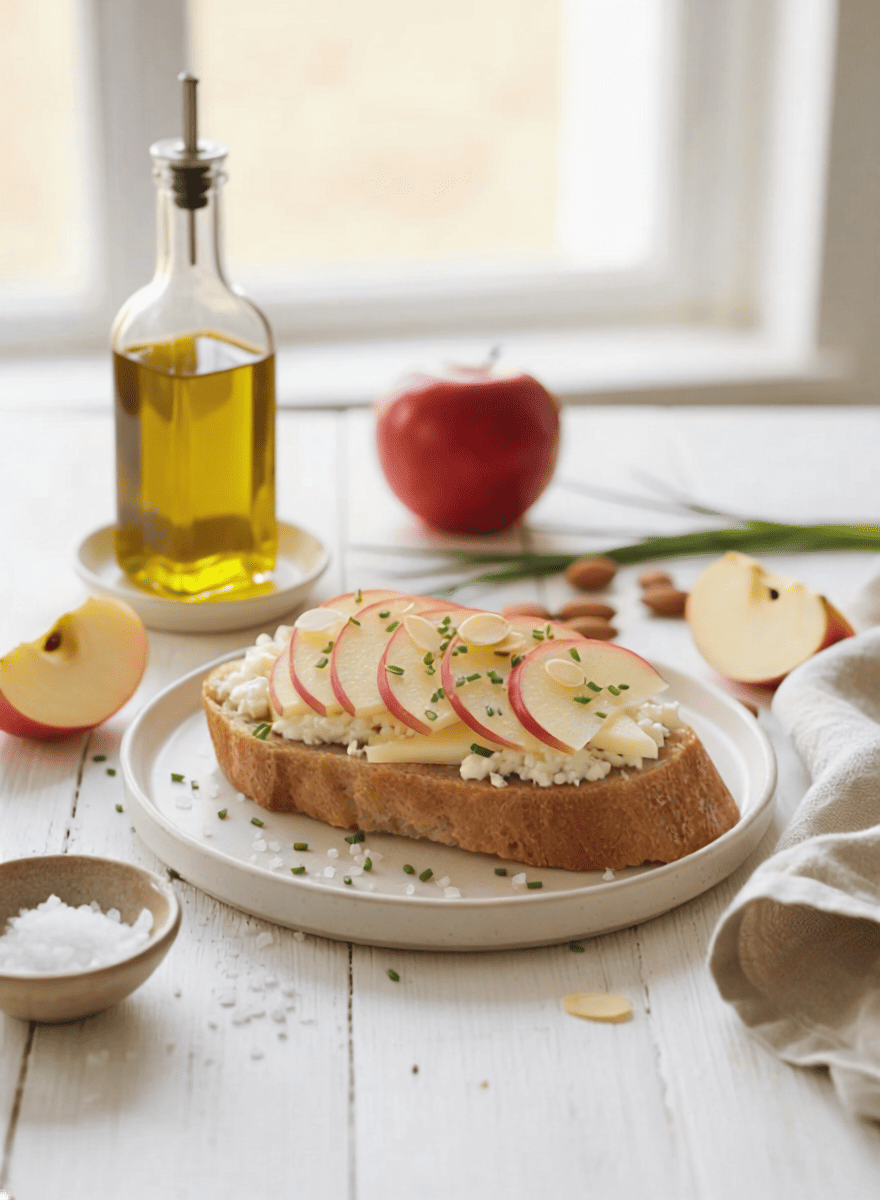 Pain de campagne, fromage de brebis, pommes et amandes