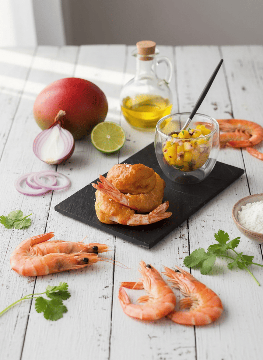 Beignet de gambas, riviera de mangue aux oignons rouges