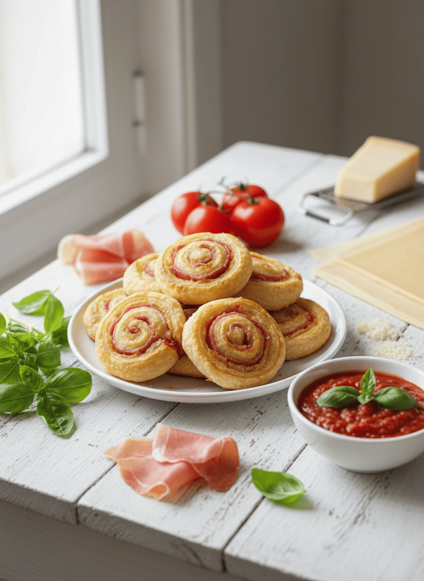 Escargots de pâte feuilletée au Parme et coulis de tomates au basilic