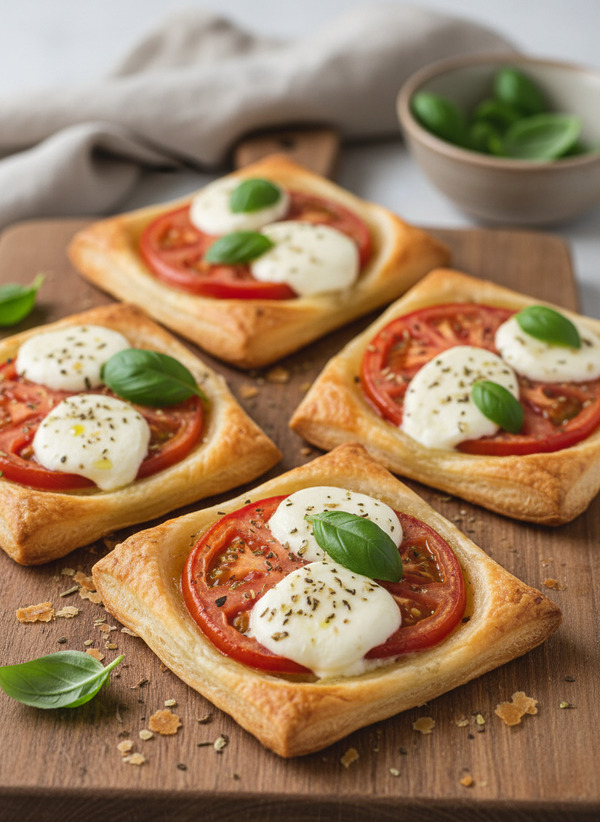 Carrés à la tomate, mozzarella et basilic