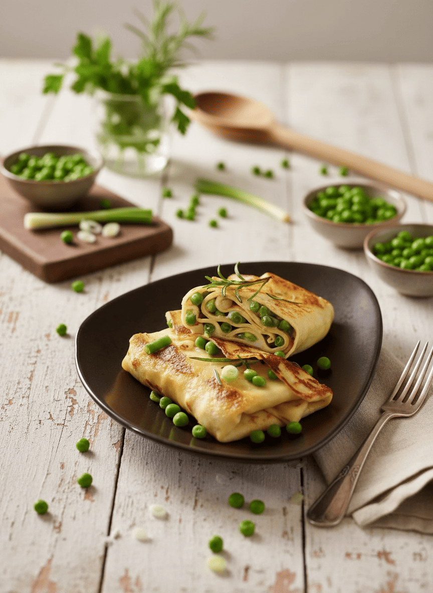 Crépinettes de petits pois, haricots verts et oignons de printemps