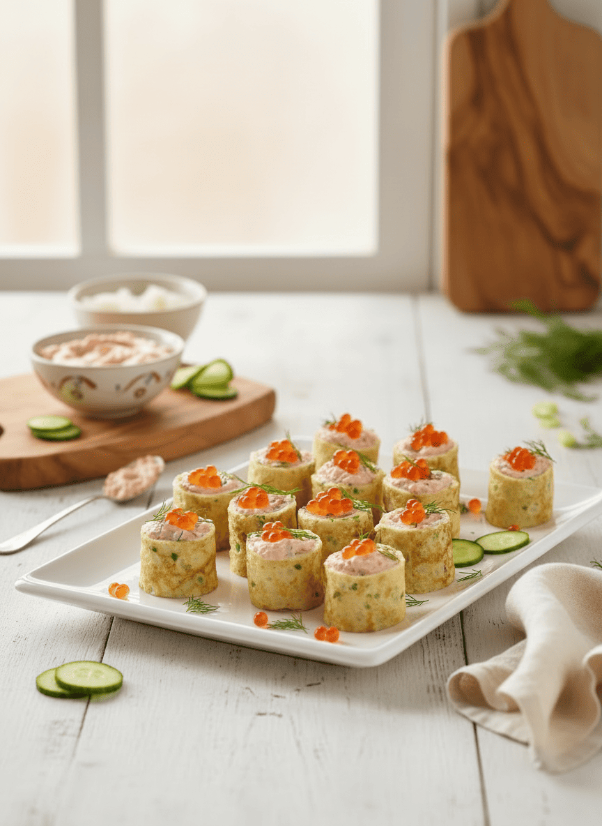 Petits rouleaux au tarama, concombre et oeufs de saumon