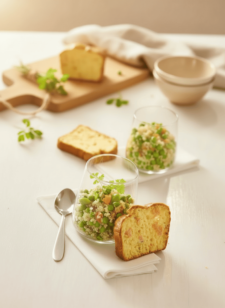 Salade de quinoa en verrines et sa part de cake au saumon