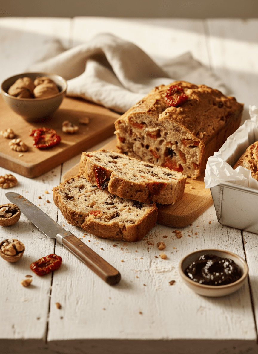 Cake aux tomates confites, noix et tapenade