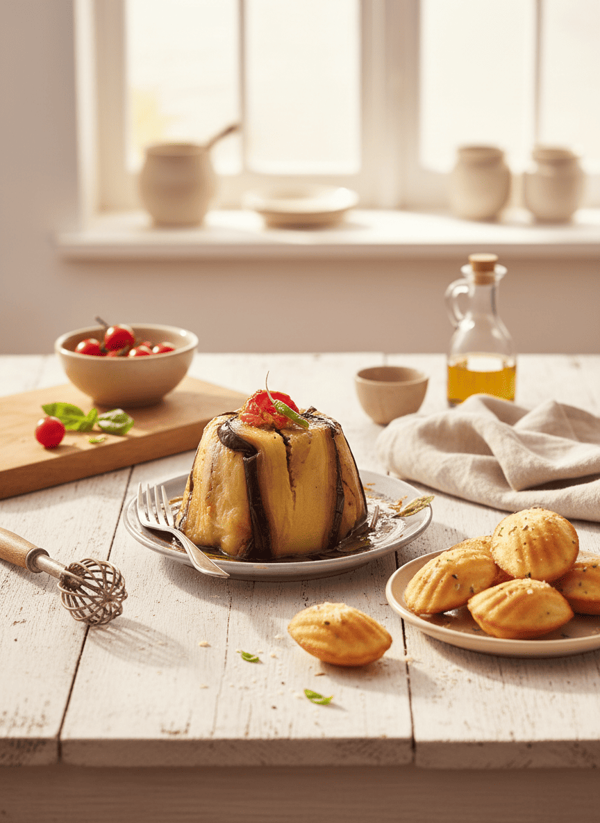Charlotte d&rsquo;aubergines aux crevettes, madeleines au parmesan