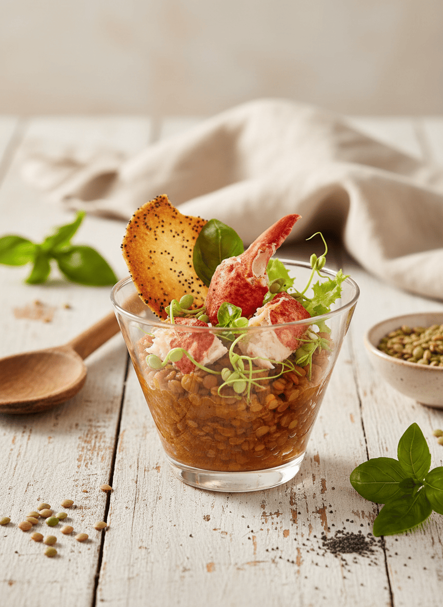 Verrines de homard aux lentilles, tuiles au pavot