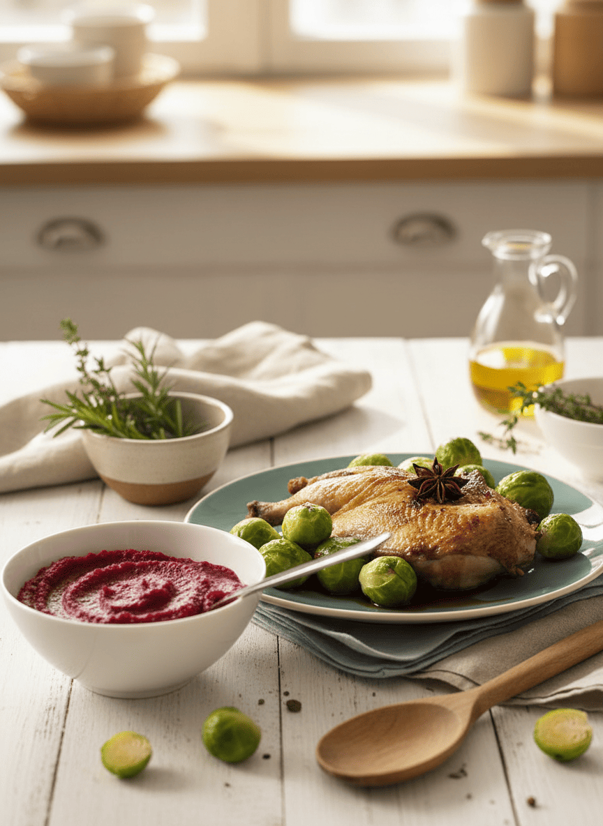 Pintade aux choux et sa purée de betteraves