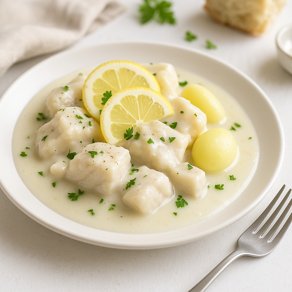 Blanquette de poisson citronnée et nappée de sauce blanche