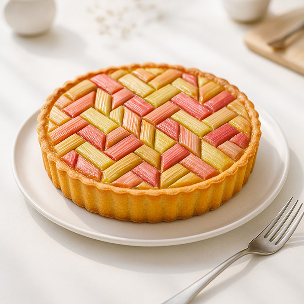 Tarte géométrique à la rhubarbe et sa frangipane