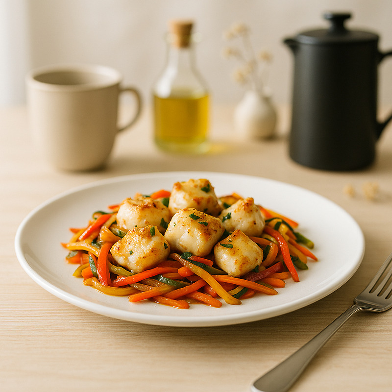 Dés de lotte poêlés et lanières de légumes