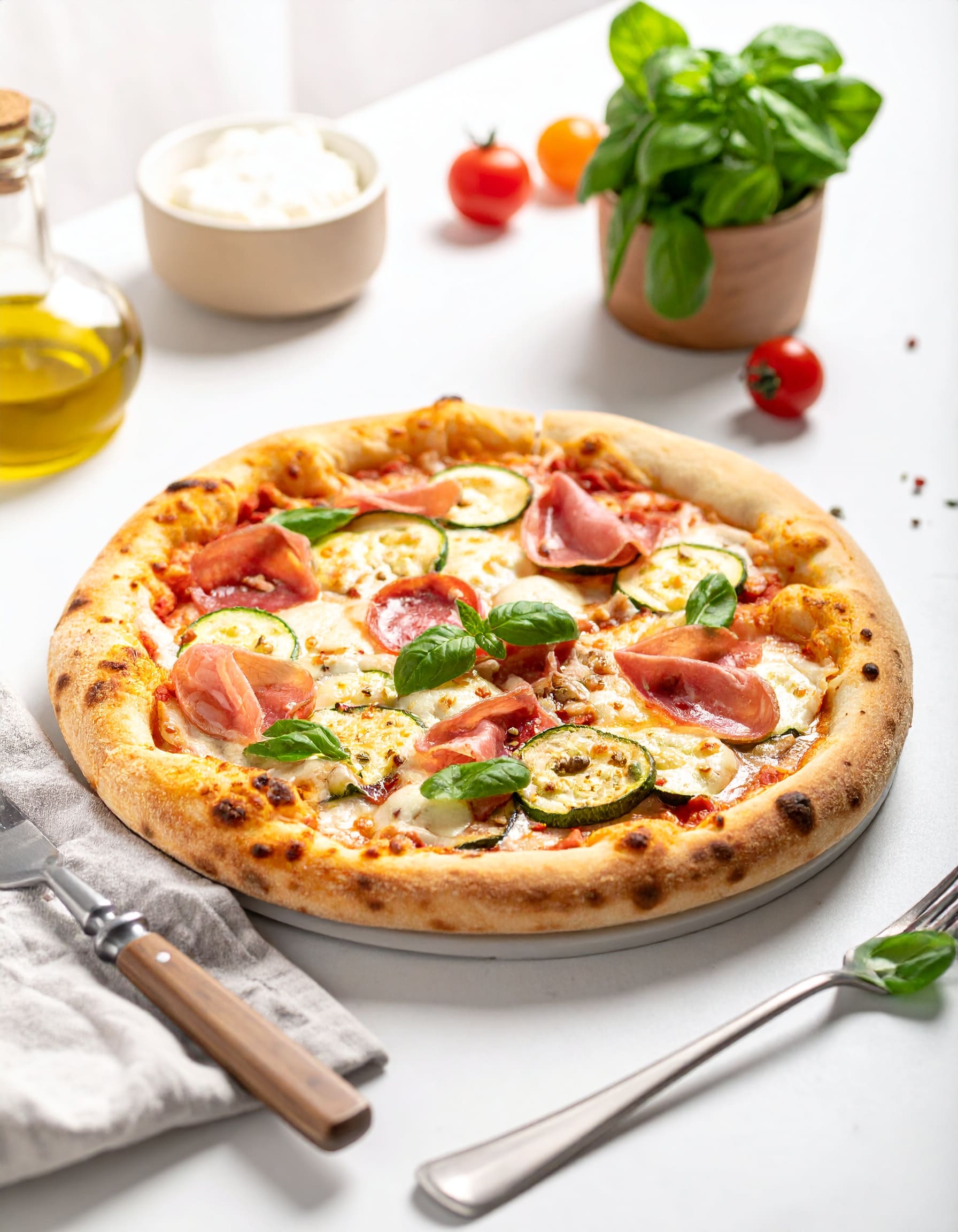 Pizza chèvre, courgette, coppa