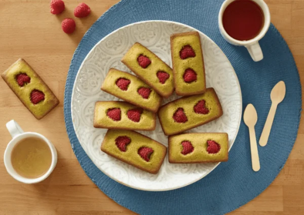 Financiers au thé matcha et aux framboises