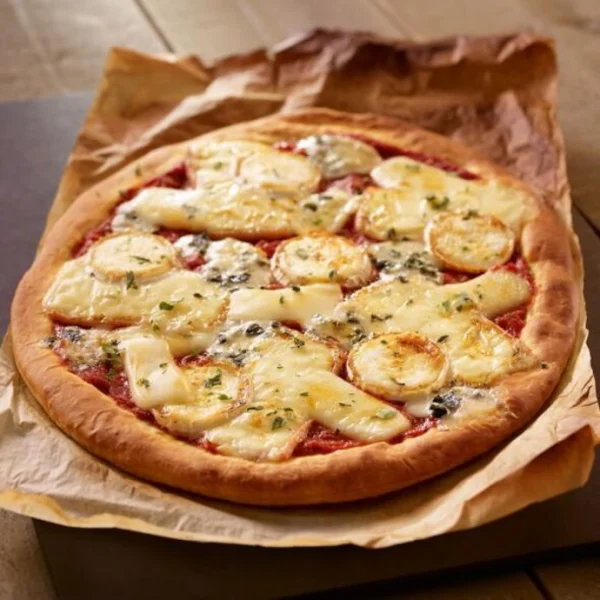 Pizza aux trois fromages et ses noix croquantes