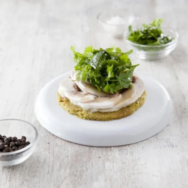 Tarte fine aux légumes verts, poêlée de champignons à l’huile de truffe