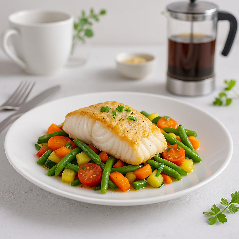 Dos de cabillaud poêlé aux petits légumes