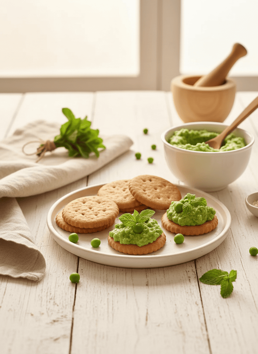 Crackers d’épeautre et tartinade de petits pois à la menthe