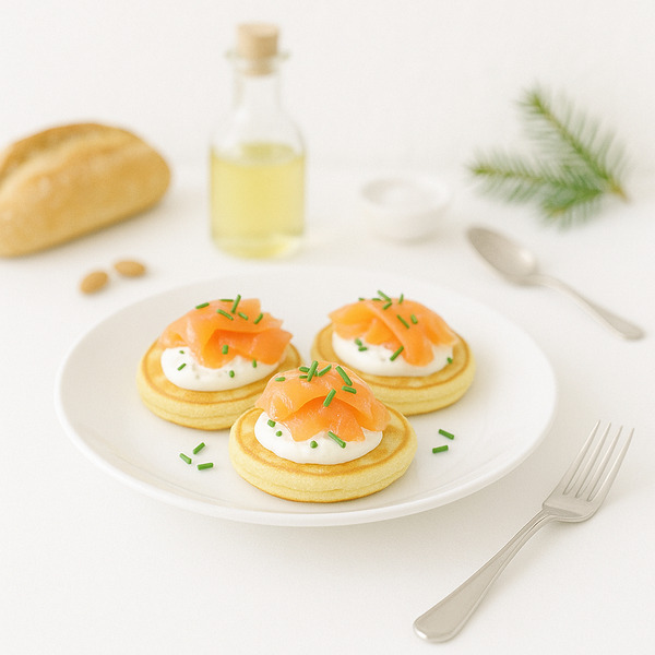 Blinis au saumon fumé, crème fraîche et ciboulette