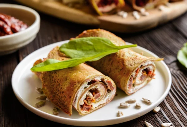 Crêpes roulées fromage frais et tomates séchées