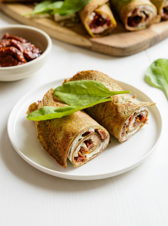 Crêpes roulées fromage frais et tomates séchées